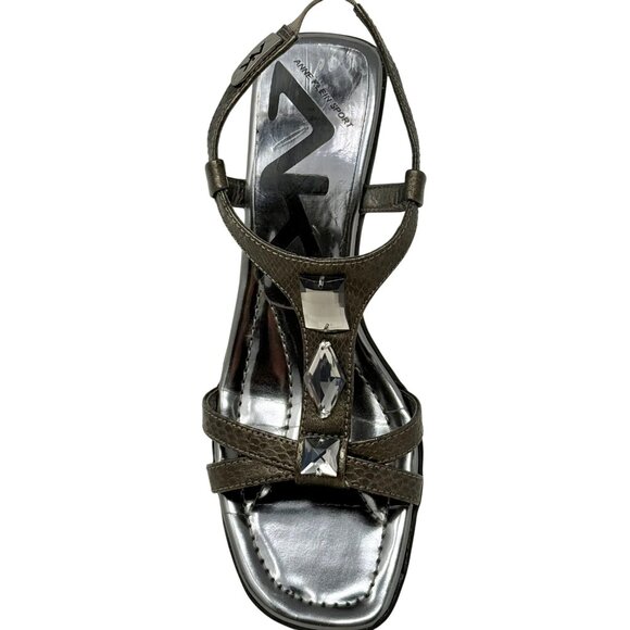 Anne Klein Makala Pewter Gray Wedge Sandals 7M Jewel Accents Ankle Strap - READ - Picture 2 of 15